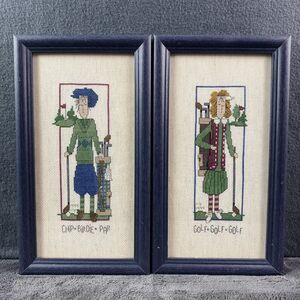 Vintage Framed Golfer Cross Stitch Art Set of 2 Hand Finished Needlework Decor